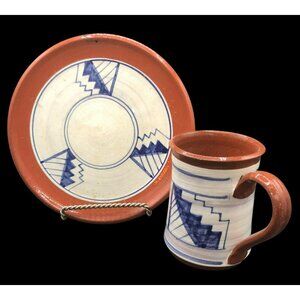 Handpainted Madrid New Mexico Pottery Mug & Plate Set Signed Blue White Terracot